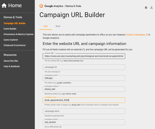 Screenshot of Google Analytics campaign URL builder