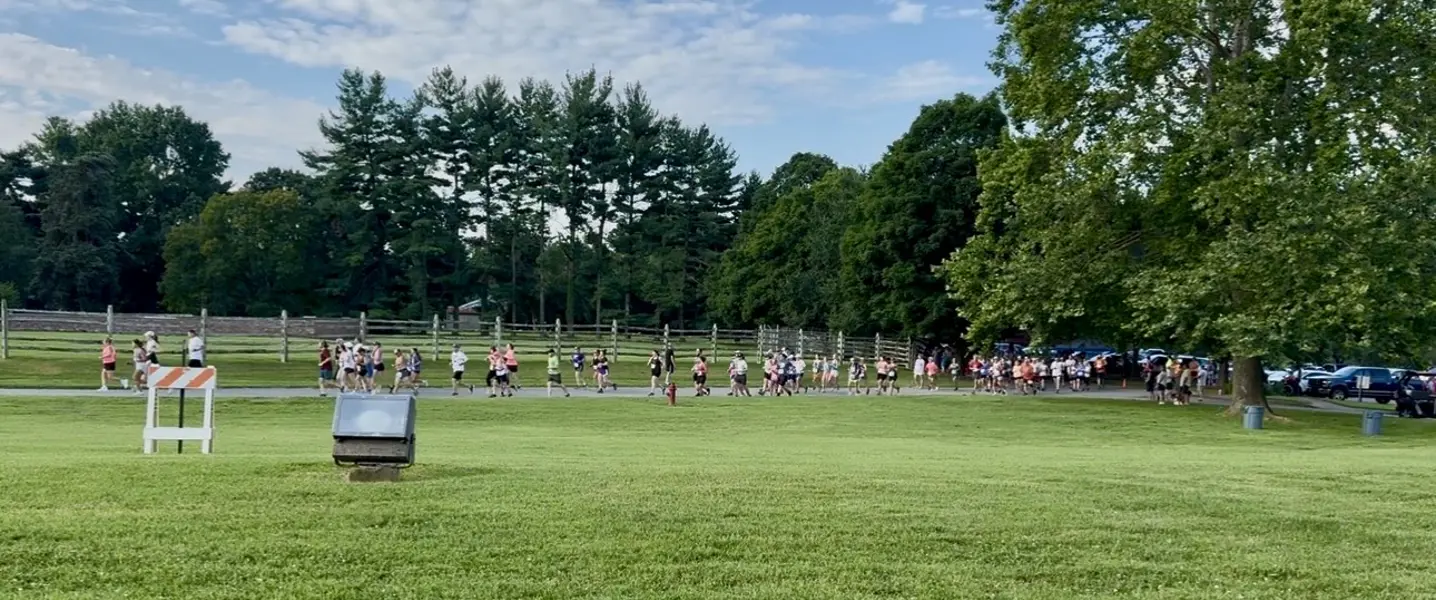 Large group of participants spread across a grassy field during a run/walk event.