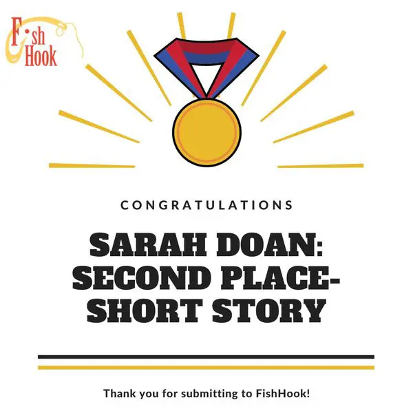 "Congratulations" graphic with medal - Sarah Doan: Second Place for Short Story