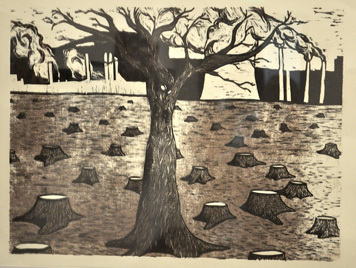 Image of single tree in field of stumps with industry in the background