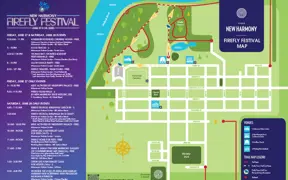 Colorful Firefly Festival site map showing streets, landmarks, and event locations in New Harmony.