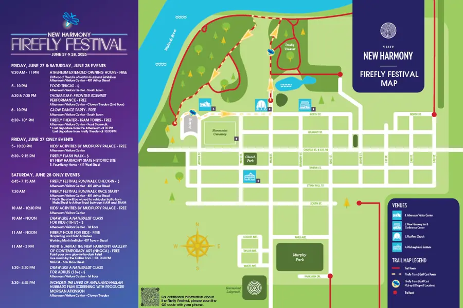Colorful Firefly Festival site map showing streets, landmarks, and event locations in New Harmony.