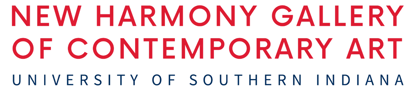 Text-based logo reading “New Harmony Gallery of Contemporary Art” in red, with “University of Southern Indiana” in smaller blue text below on a white background.