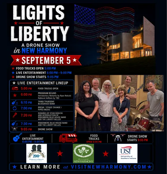 Promotional graphic for “Lights of Liberty: A Drone Show in New Harmony.” Large white and blue text appears against a dark blue night sky. A red, white, and blue drone-formed American flag flies above a modern, illuminated building. Event details read: “September 5,” “5:00 PM–9:30 PM,” with icons and text highlighting “Live Entertainment” and “Food Trucks.” A banner at the bottom says, “Learn More at VisitNewHarmony.com.” The design uses patriotic red, white, and blue colors throughout.