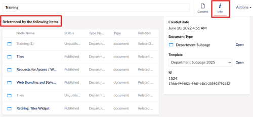 Screenshot of the location of the "Referenced by the following items" section of the "Info" tab in Umbraco