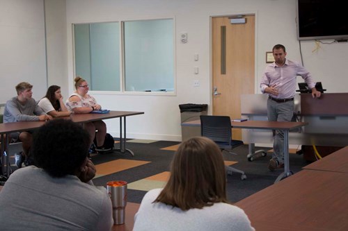USI alum Mr. Jacob Smith from Berry Plastics was guest speaker in Ms. Jeanette Maier-Lytle's classes. Smith is Sales and Operations Manager for the Health, Hygiene & Specialties Division.