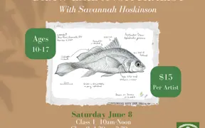 Promotional poster showing a fish illustration with text including “Ages 10–17” and “$15 per artist.”