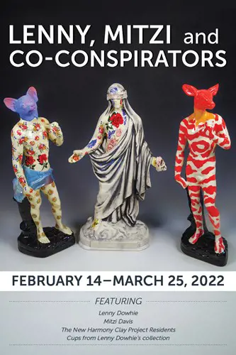 Three colorful ceramic sculpures - two humanoids with animal heads and one blindfolded madonna-type humanoid