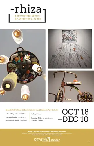Show poster: Lamp, bicycle, and wall art from found objects