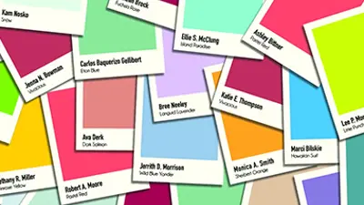2019 Senior Seminar post card; student names on color cards