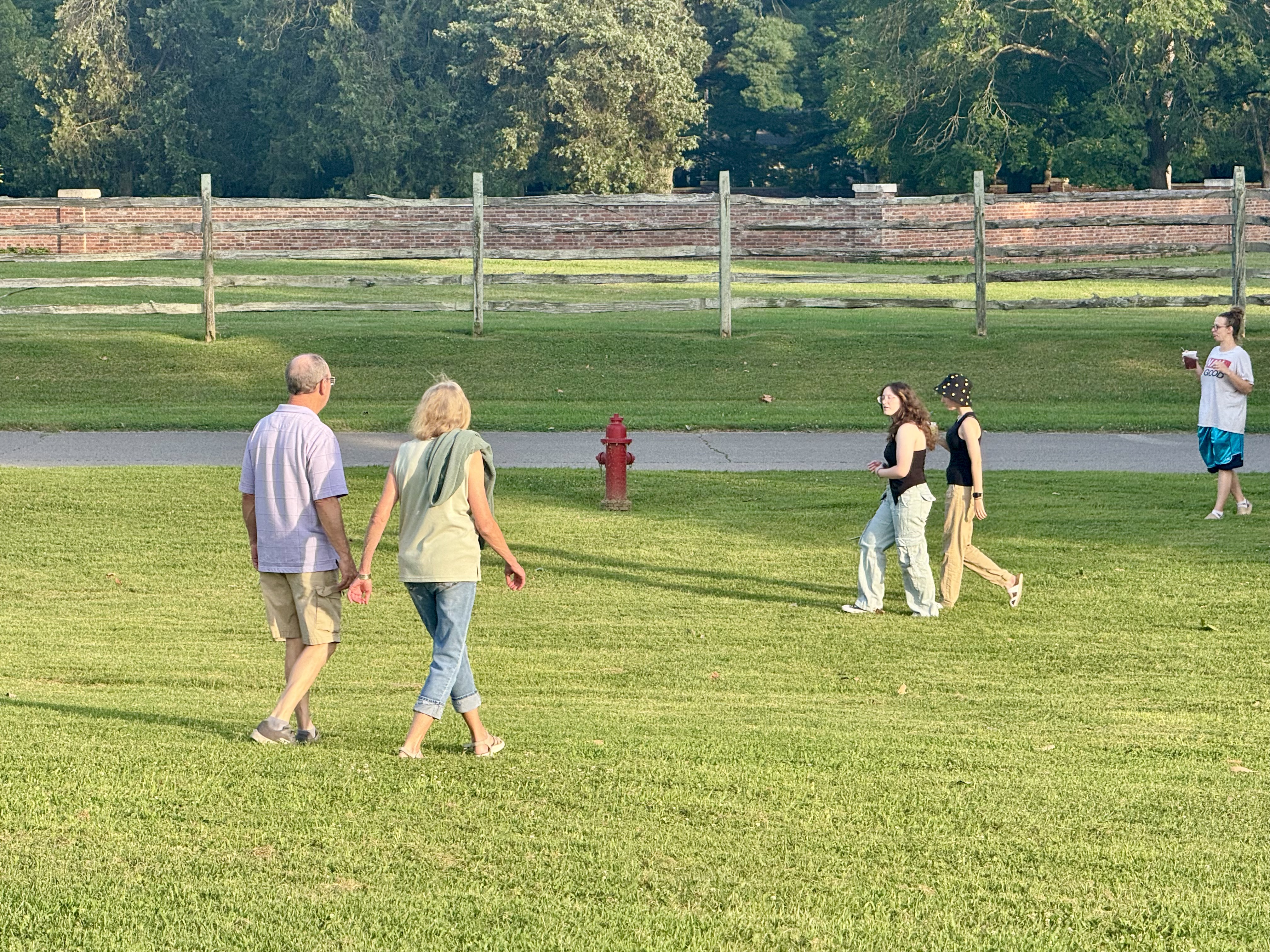 People walking and playing on a grassy field with trees and a fence in the background.