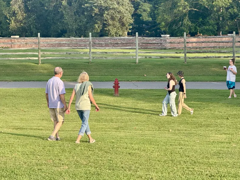 People walking and playing on a grassy field with trees and a fence in the background.