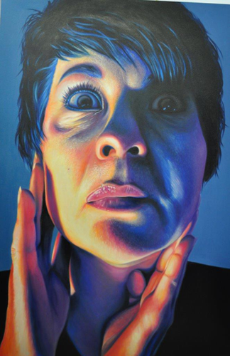 Oil painting of a woman touching her face