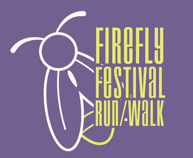 Purple graphic with stylized firefly illustration and text reading “Firefly Festival Run/Walk.”
