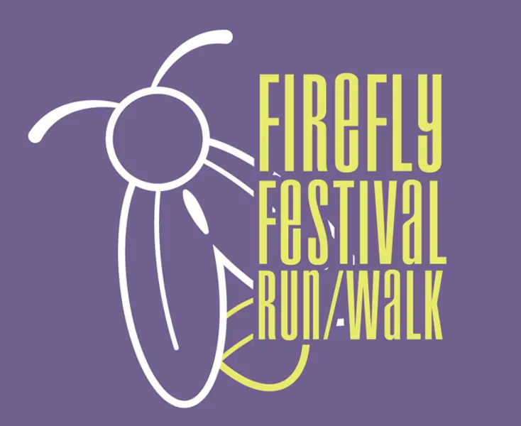 Purple graphic with stylized firefly illustration and text reading “Firefly Festival Run/Walk.”