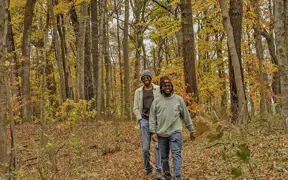 Students admire the fall leaves as they hike up the steep Eicher Trail, part of the South Trail complex.  