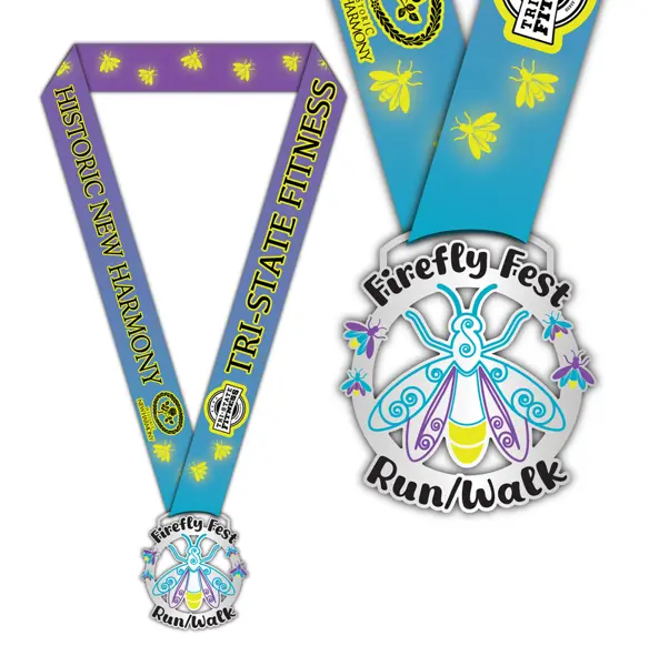 Race medal and ribbon featuring a firefly design and “Firefly Fest Run/Walk” text.