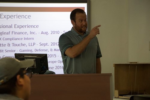 USI alum Mr. Matthew Mitchell spoke to Dr. Brett Bueltel's UNIV 101 class. Mitchell is an auditor supervisor at Harding Shymanski & Co.  Smith, Mitchell and Bone talked to UNIV 101 students about college experiences and gave career advice.