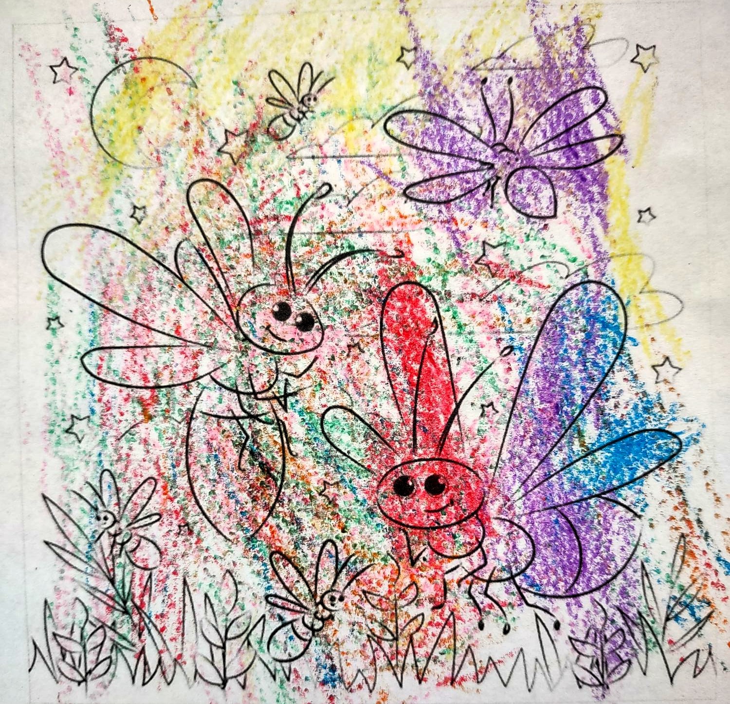 Colorful crayon-style drawing of fireflies with smiling faces on a textured background.