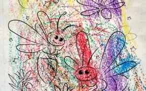 Colorful crayon-style drawing of fireflies with smiling faces on a textured background.