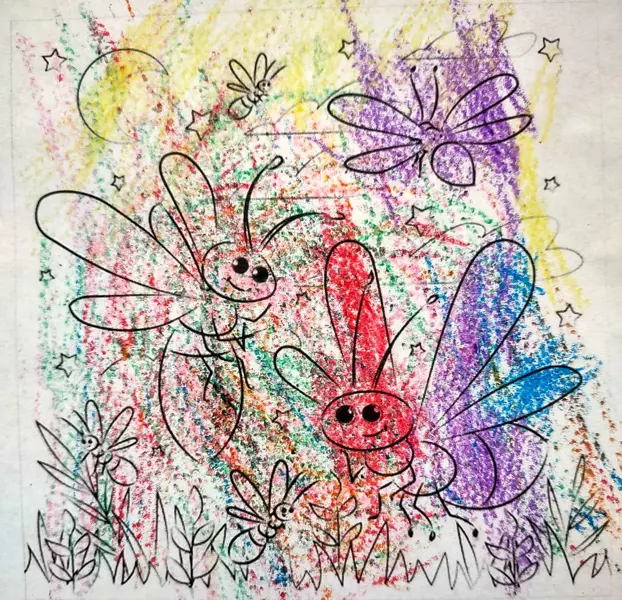 Colorful crayon-style drawing of fireflies with smiling faces on a textured background.
