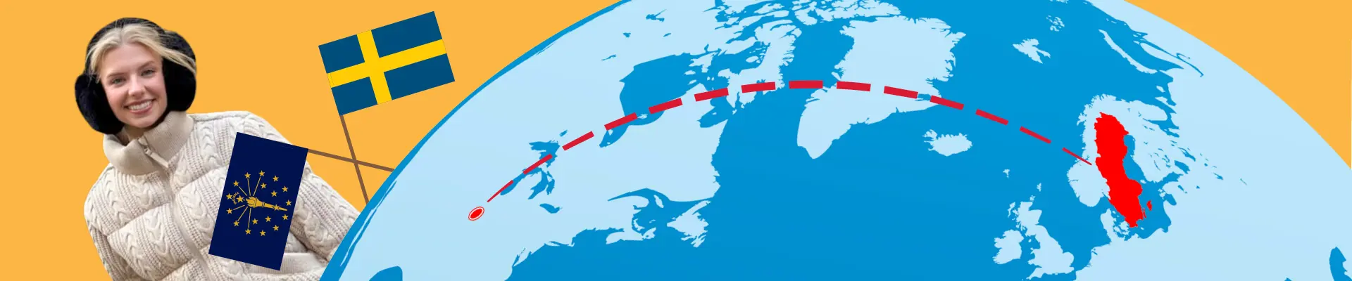 Graphic of Fifer wearing a winter coat and earmuffs beside a globe and flags for Indiana and Sweden.