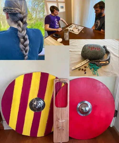 Vikings Projects The images are of a student who tried several different Viking hairstyles, a student who tried to master the Viking game of hnefatafl, an attempt at runestone carving, a bone, flute, nalbinding (knitting), glass beads, two shields, and a lyre (it is even in tune).
