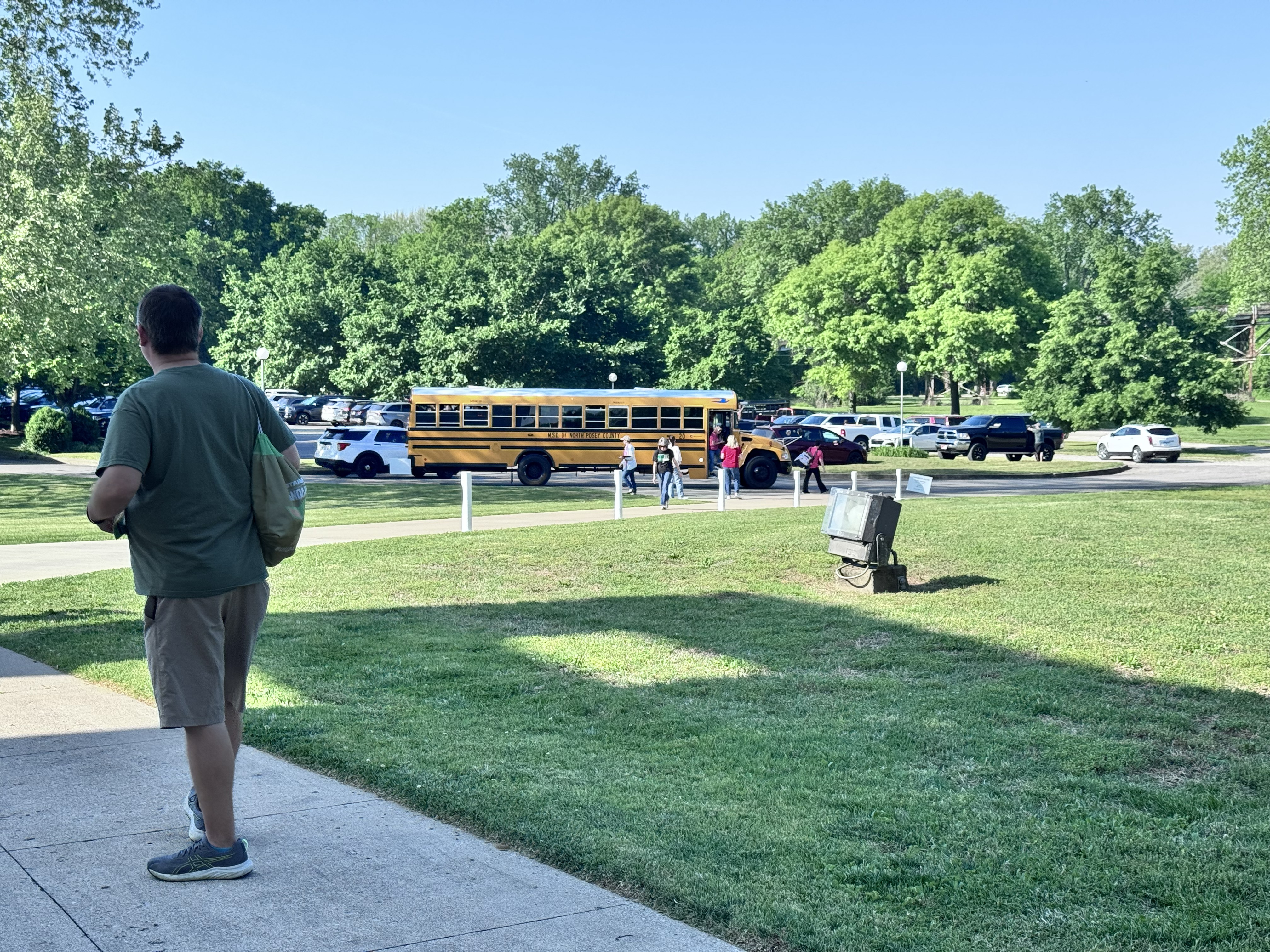 A school bus unloading students at the Atheneum