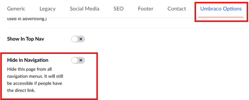 Screenshot of the location of "Hide in Navigation" option in Umbraco