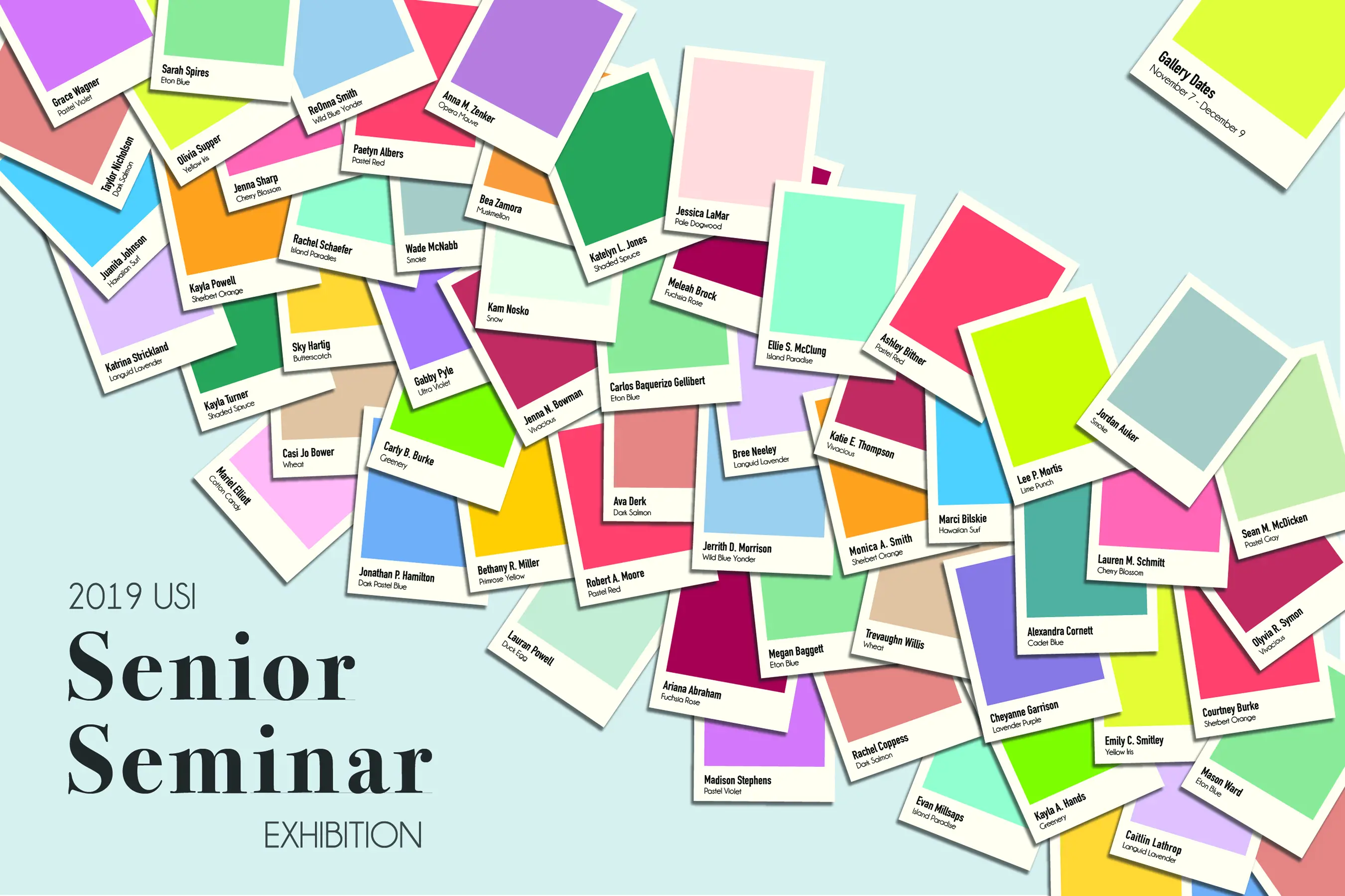 Pantone-like color cards with the Seniors' names on them.