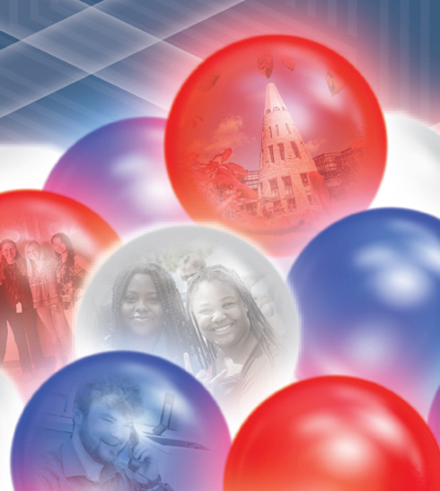 Blue, white and red orbs showing pictures of the Cone and USI students.