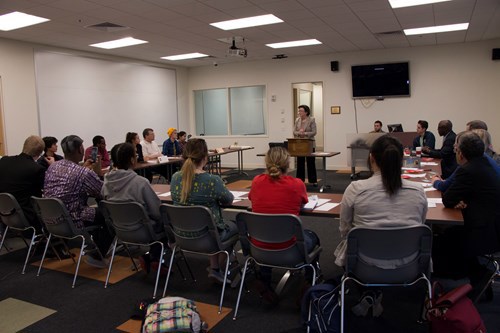 Linda Bennett talking to the members of Toastmasters