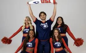 USI's Cheer Team posing for their media day photos. 