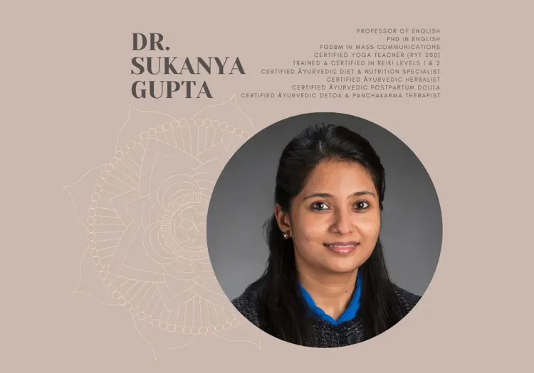 Graphic image of Dr. Sukanya Gupta, professor of English, with headshot and list of specialties